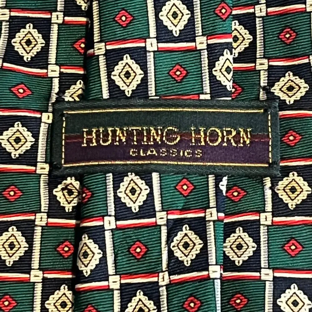 Vintage HUNTING HORN Green Navy Red Medallion Print Silk Men's Tie 63
